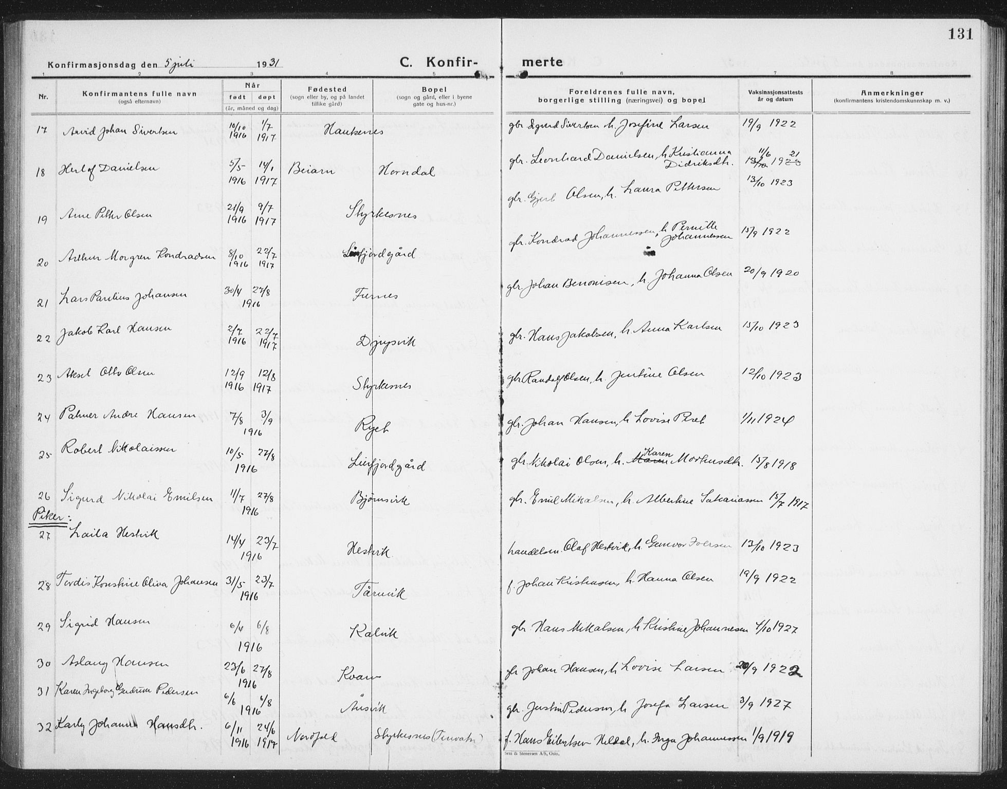 Ministerialprotokoller, klokkerbøker og fødselsregistre - Nordland, AV/SAT-A-1459/854/L0788: Parish register (copy) no. 854C04, 1926-1940, p. 131