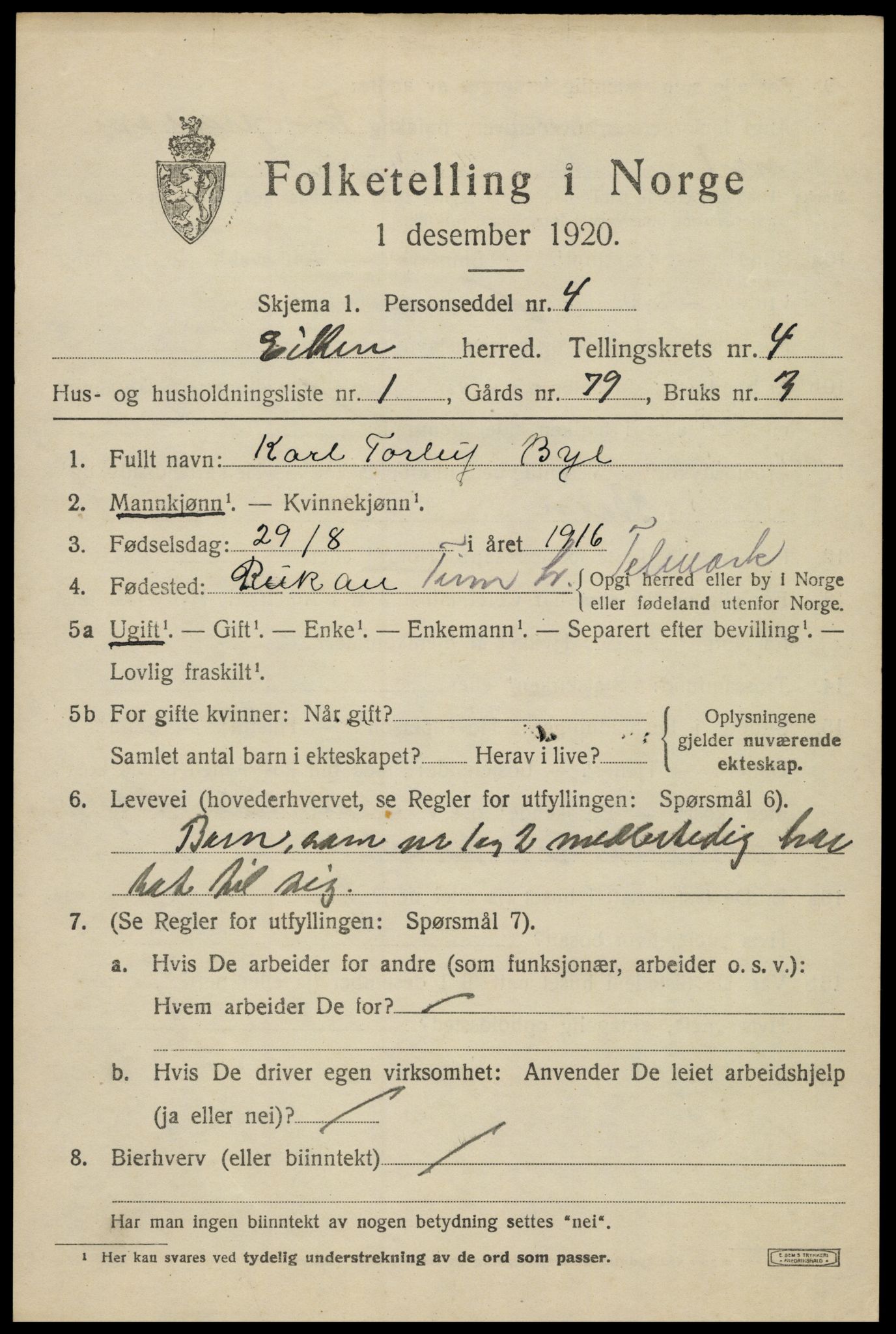 SAK, 1920 census for Eiken, 1920, p. 1279