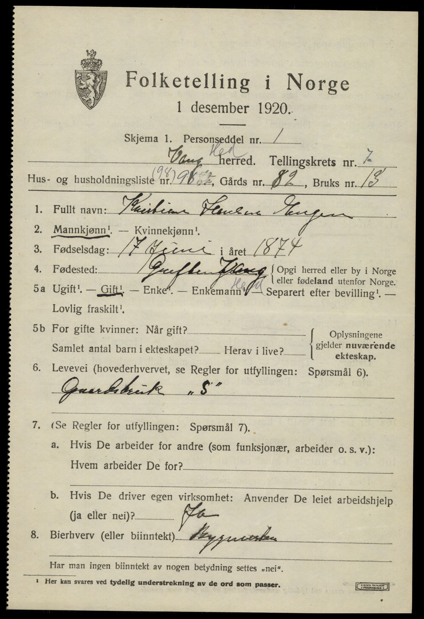 SAH, 1920 census for Vang (Hedmark), 1920, p. 17003