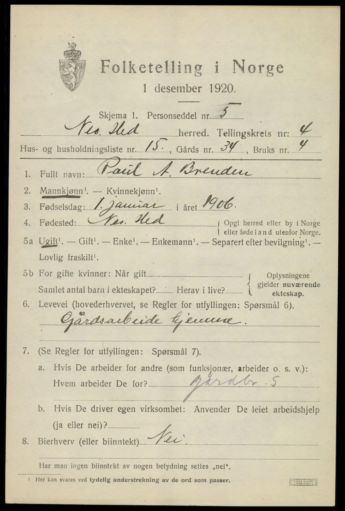 SAH, 1920 census for Nes (Hedmark), 1920, p. 5756