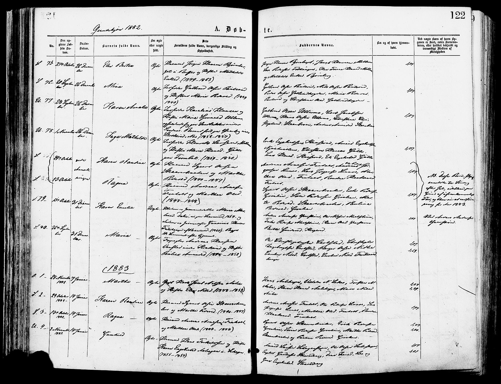 Sør-Odal prestekontor, AV/SAH-PREST-030/H/Ha/Haa/L0005: Parish register (official) no. 5, 1876-1885, p. 122