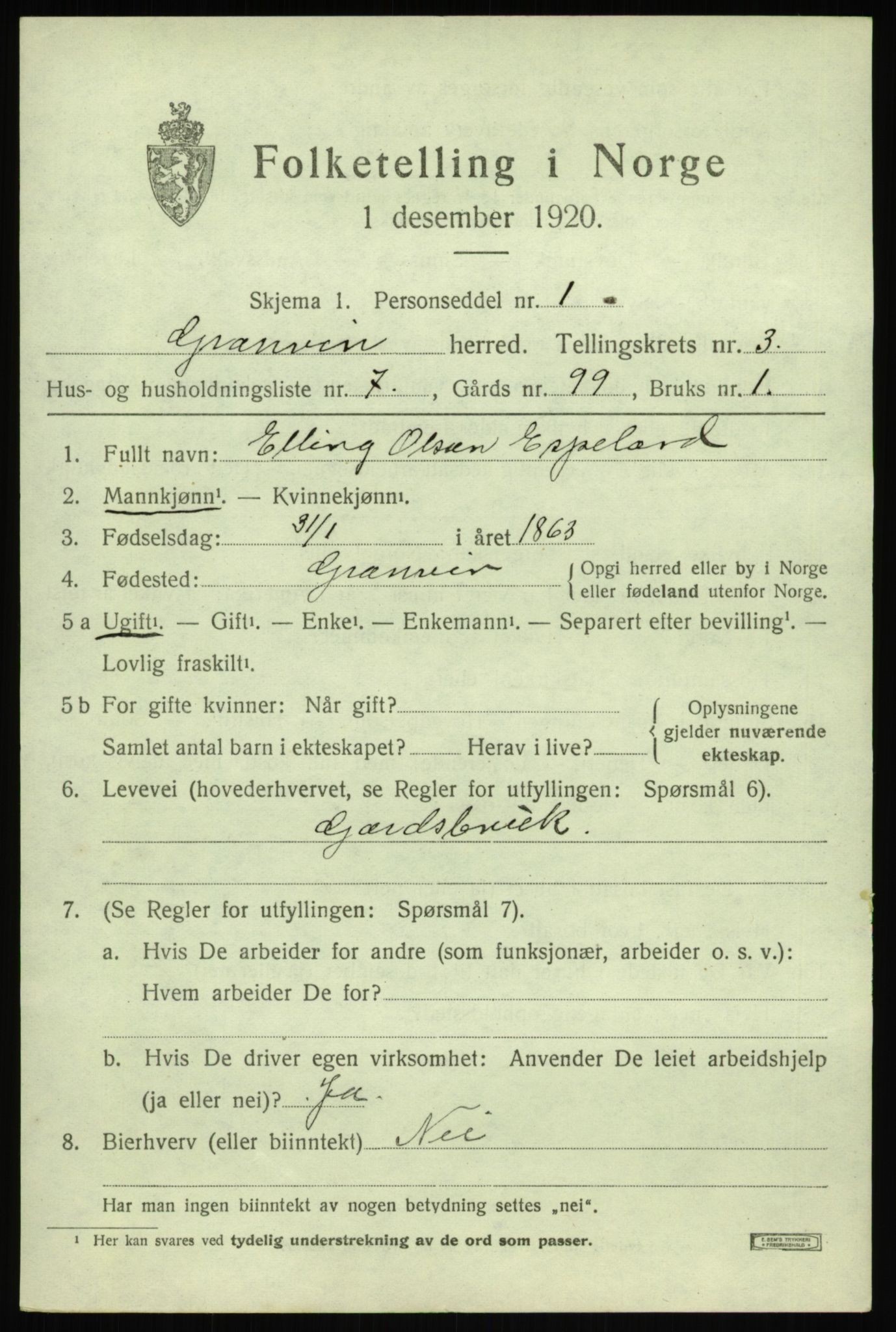 SAB, 1920 census for Granvin, 1920, p. 1232