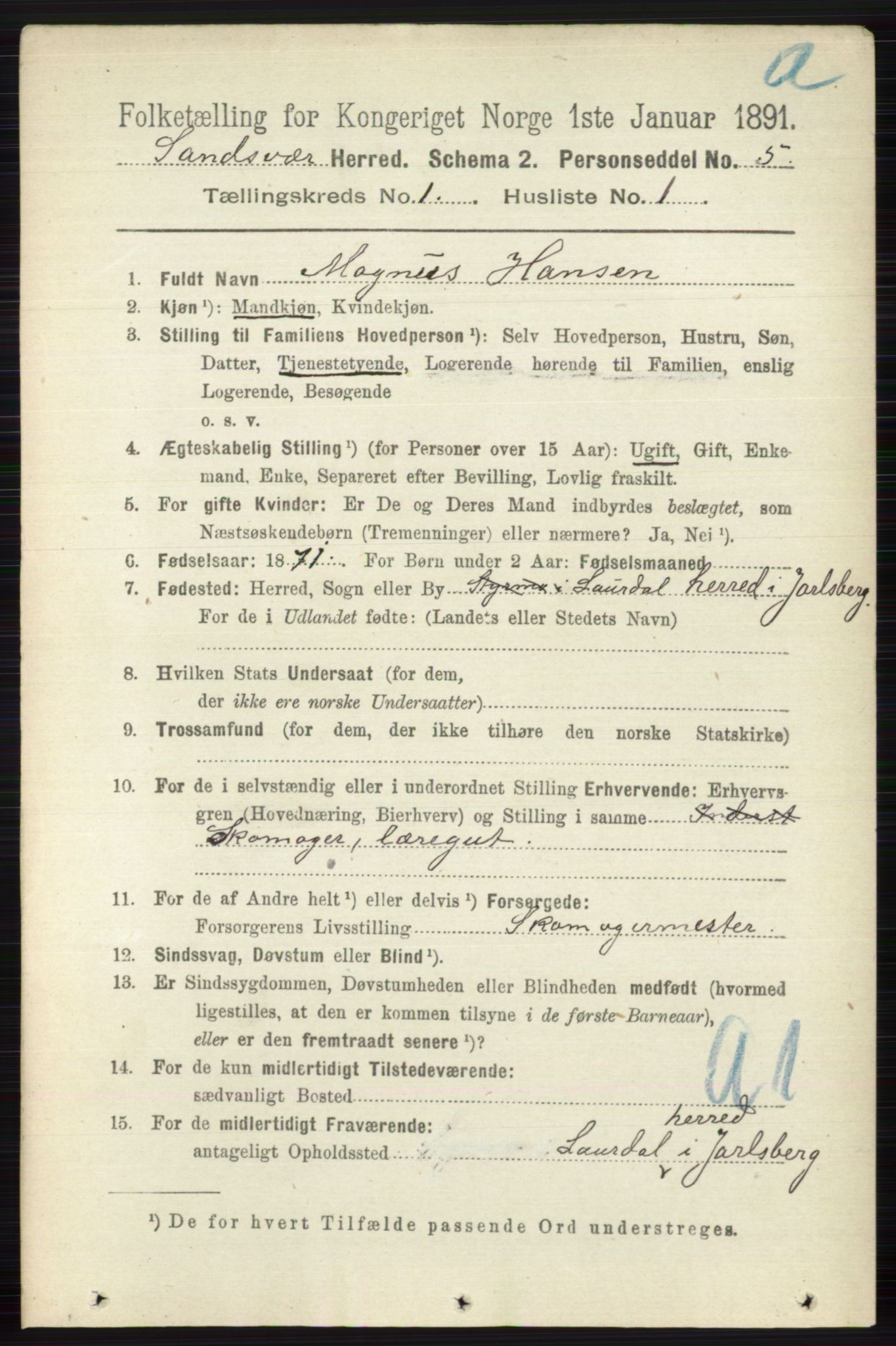 RA, 1891 census for 0629 Sandsvær, 1891, p. 121