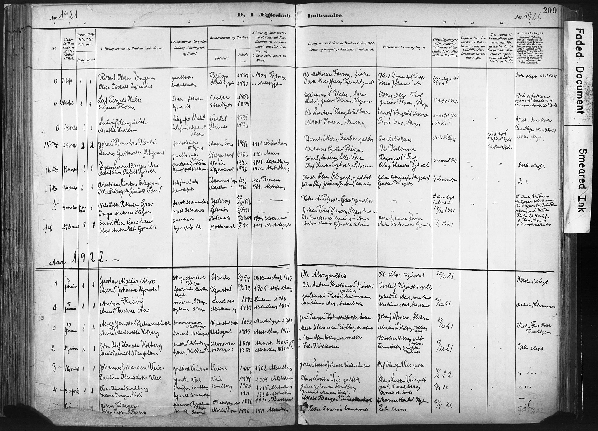 Ministerialprotokoller, klokkerbøker og fødselsregistre - Nord-Trøndelag, AV/SAT-A-1458/717/L0162: Parish register (official) no. 717A12, 1898-1923, p. 209