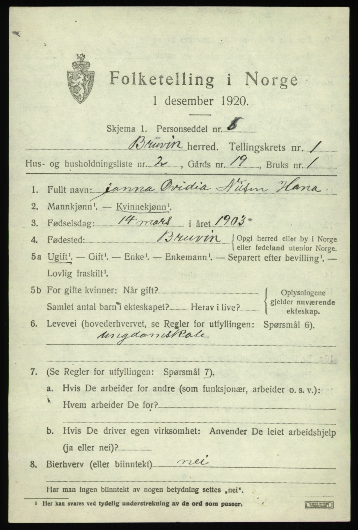 SAB, 1920 census for Bruvik, 1920, p. 1116