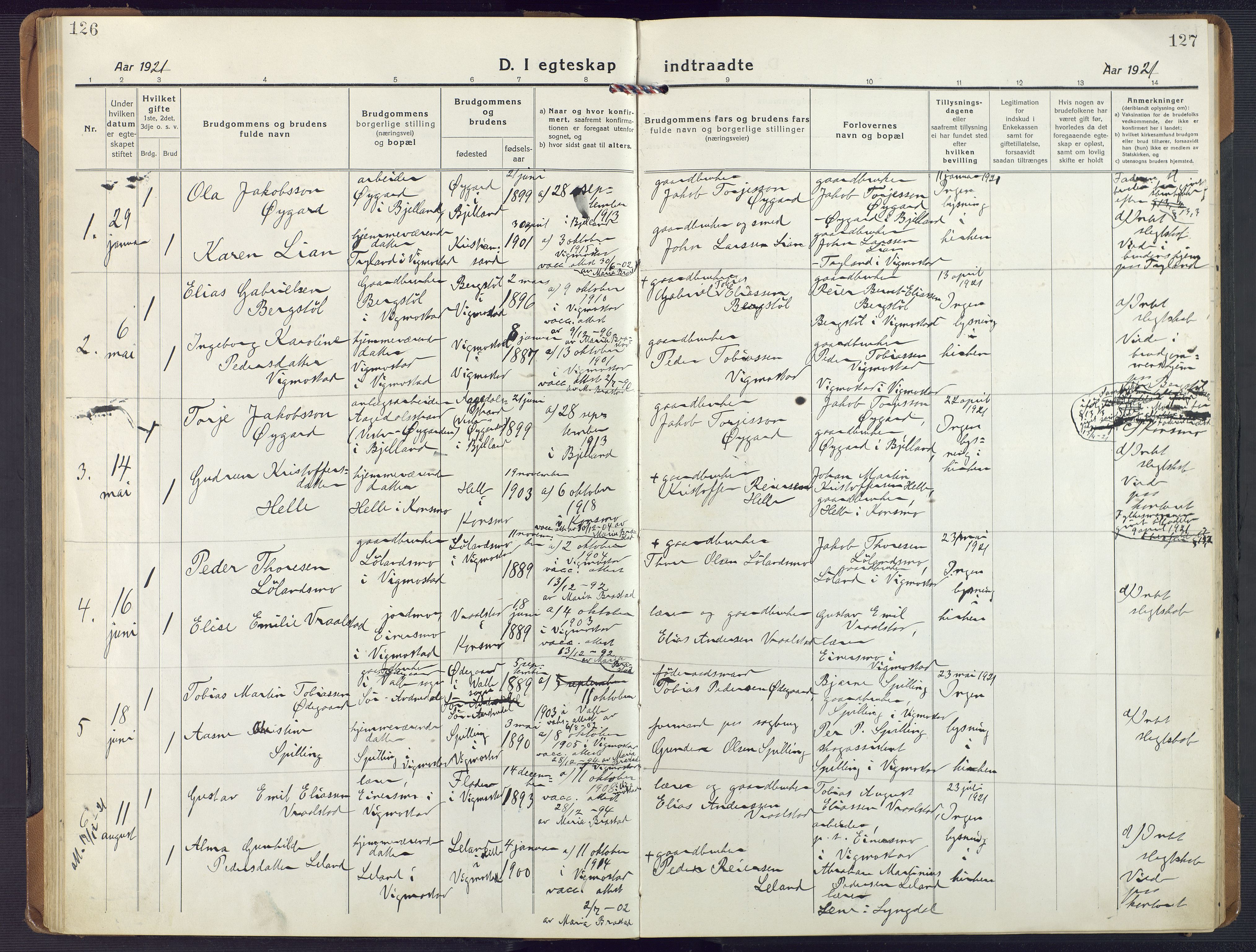 Nord-Audnedal sokneprestkontor, AV/SAK-1111-0032/F/Fa/Fab/L0005: Parish register (official) no. A 5, 1918-1925, p. 126-127