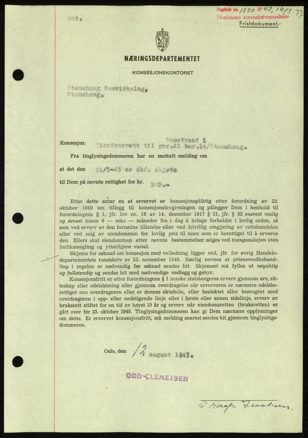 Nordmøre sorenskriveri, AV/SAT-A-4132/1/2/2Ca: Mortgage book no. B91, 1943-1944, Diary no: : 1820/1943