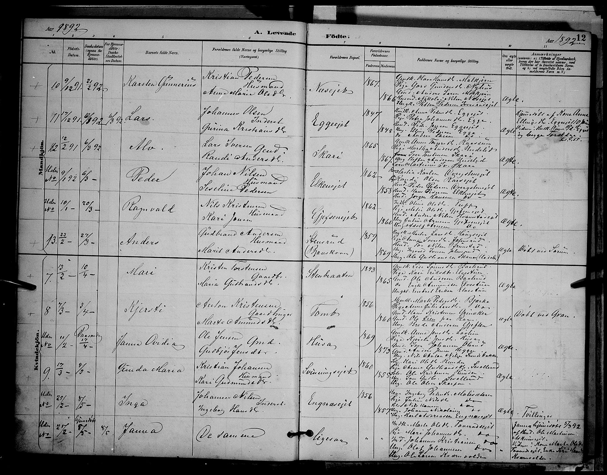 Gran prestekontor, SAH/PREST-112/H/Ha/Hab/L0004: Parish register (copy) no. 4, 1890-1899, p. 12