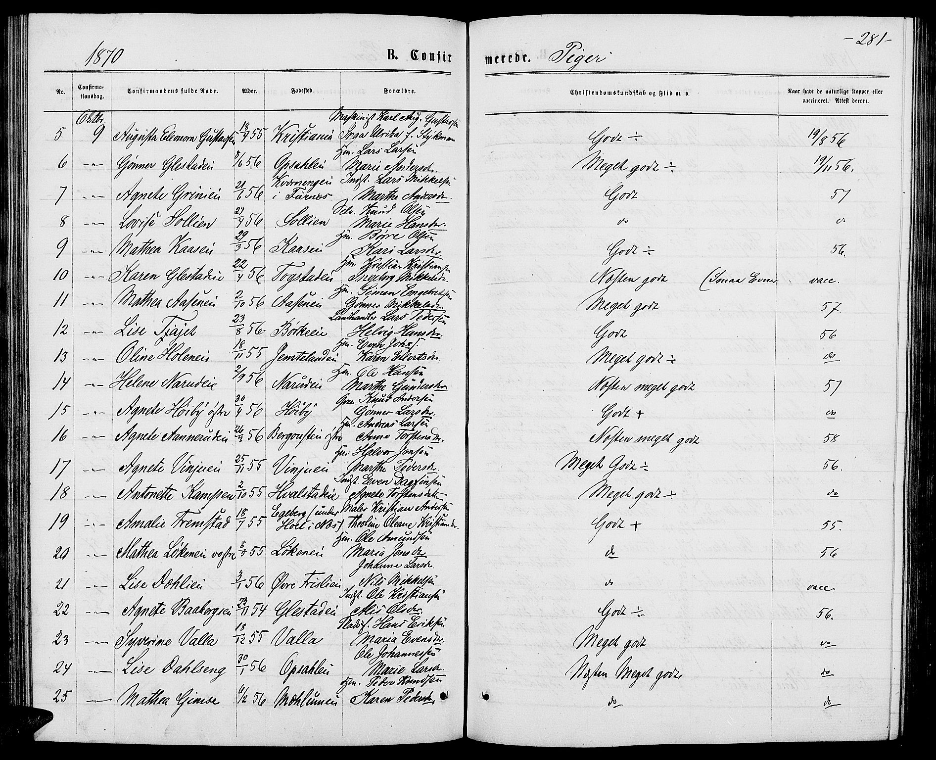 Ringsaker prestekontor, AV/SAH-PREST-014/L/La/L0008: Parish register (copy) no. 8, 1870-1878, p. 281