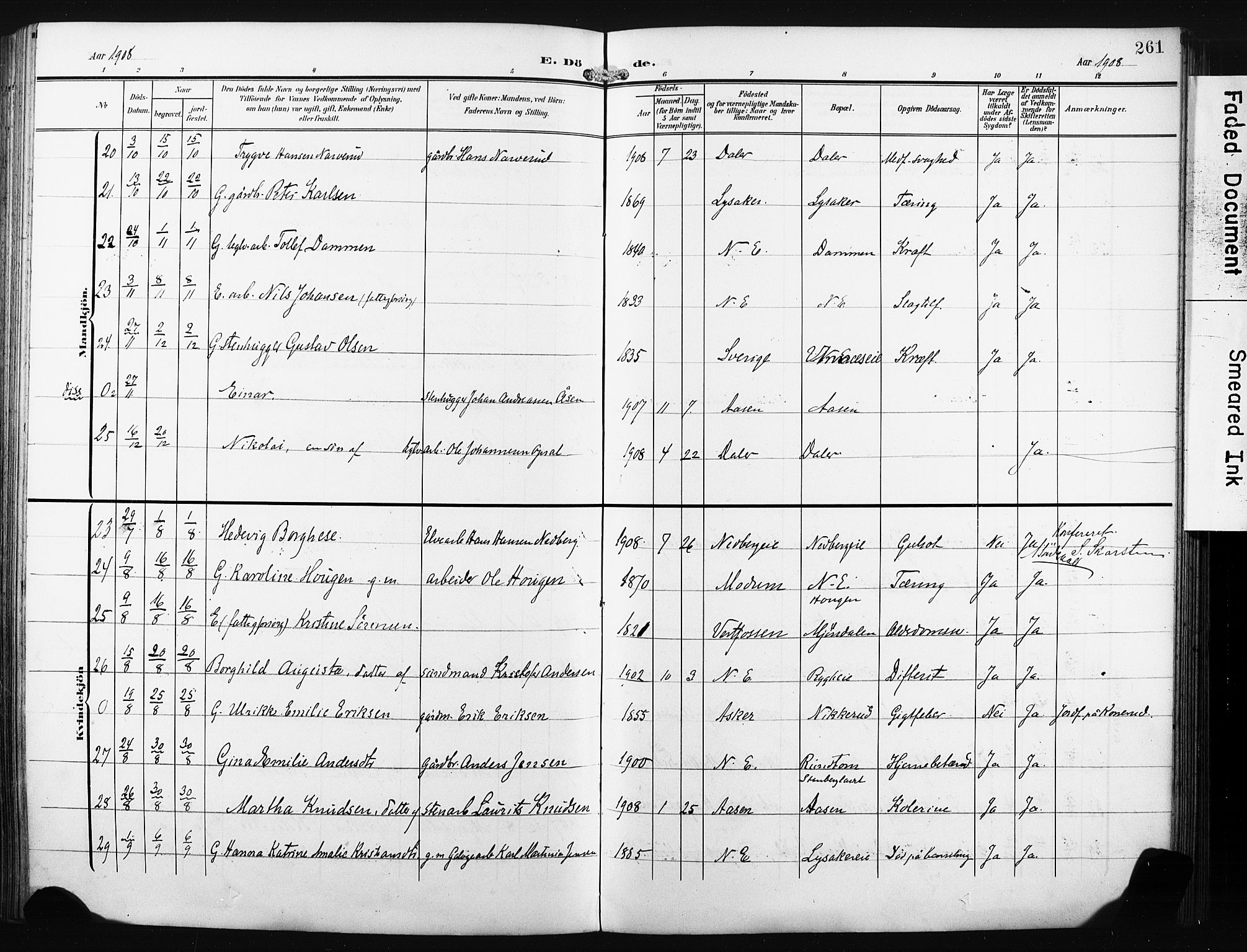 Nedre Eiker kirkebøker, AV/SAKO-A-612/F/Fa/L0006: Parish register (official) no. 6, 1906-1912, p. 261