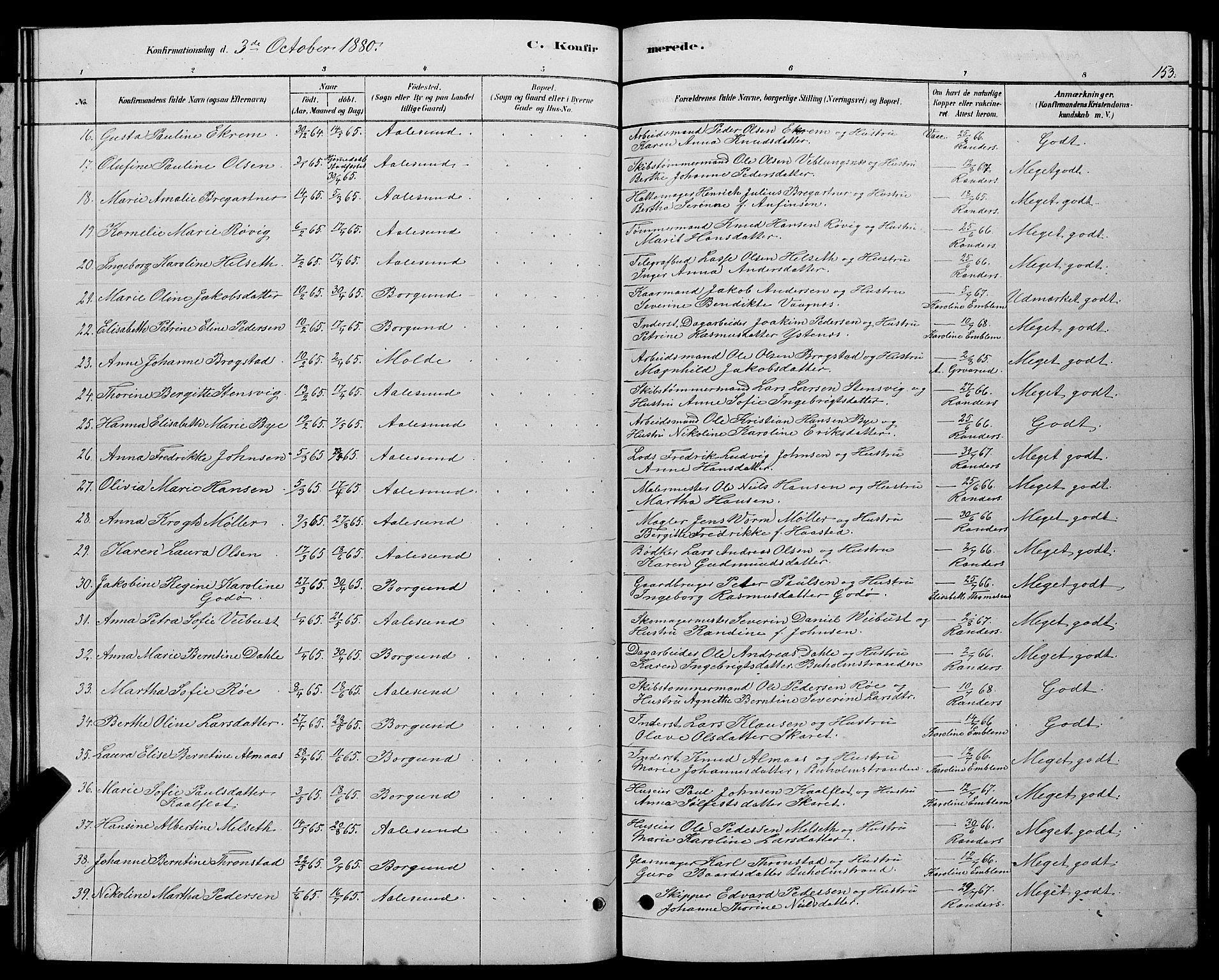 Ministerialprotokoller, klokkerbøker og fødselsregistre - Møre og Romsdal, AV/SAT-A-1454/529/L0466: Parish register (copy) no. 529C03, 1878-1888, p. 153