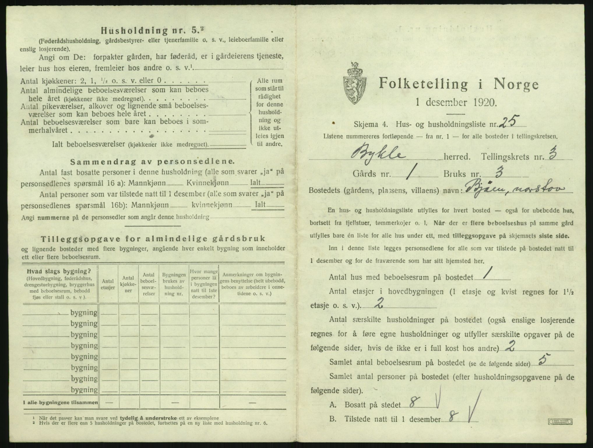 SAK, 1920 census for Bykle, 1920, p. 211