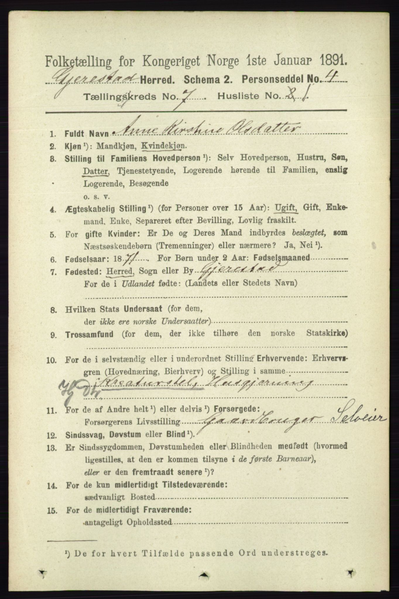 RA, 1891 census for 0911 Gjerstad, 1891, p. 2732