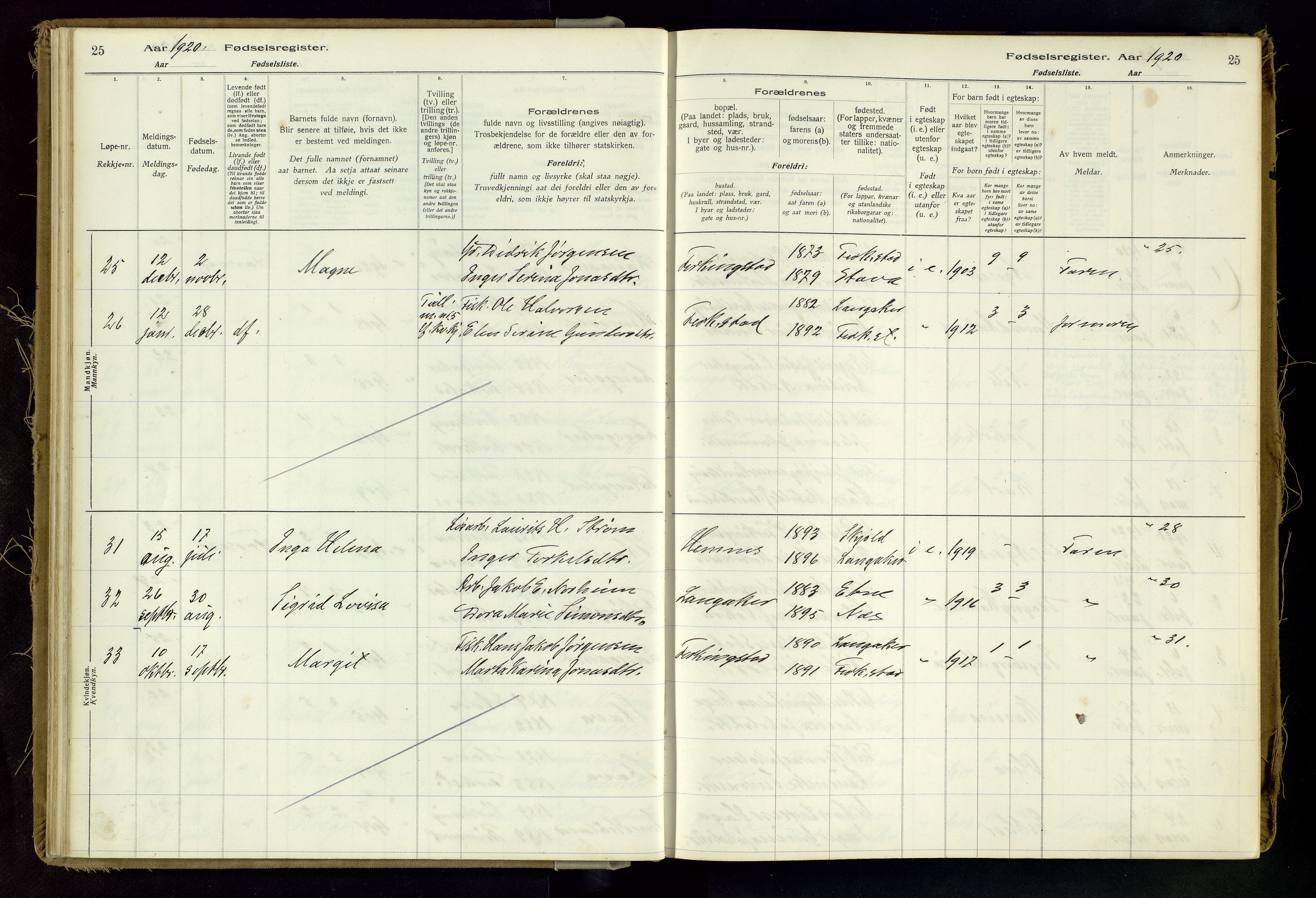 Skudenes sokneprestkontor, SAST/A -101849/I/Id/L0002: Birth register no. 2, 1916-1962, p. 25