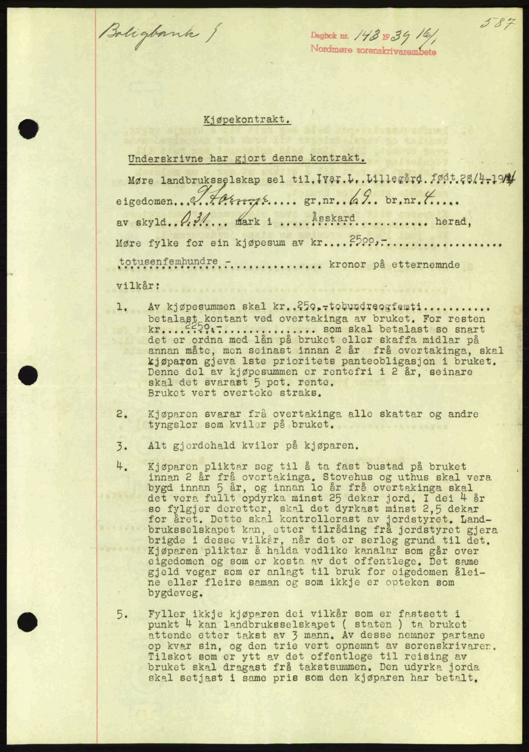 Nordmøre sorenskriveri, SAT/A-4132/1/2/2Ca: Mortgage book no. B84, 1938-1939, Diary no: : 143/1939