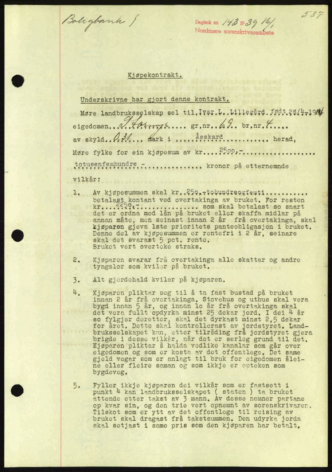 Nordmøre sorenskriveri, AV/SAT-A-4132/1/2/2Ca: Mortgage book no. B84, 1938-1939, Diary no: : 143/1939