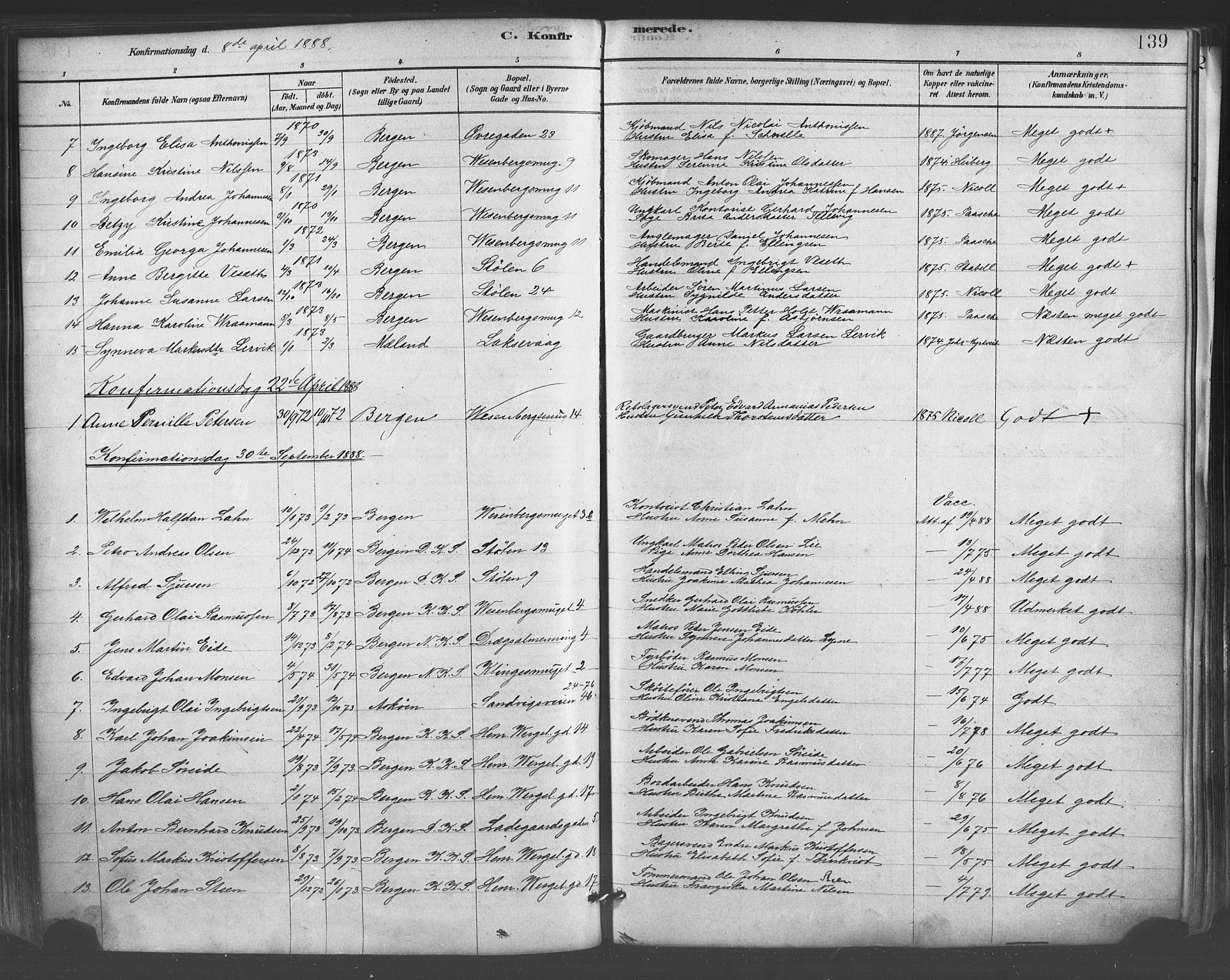 Mariakirken Sokneprestembete, SAB/A-76901/H/Haa/L0007: Parish register (official) no. A 7, 1878-1893, p. 139