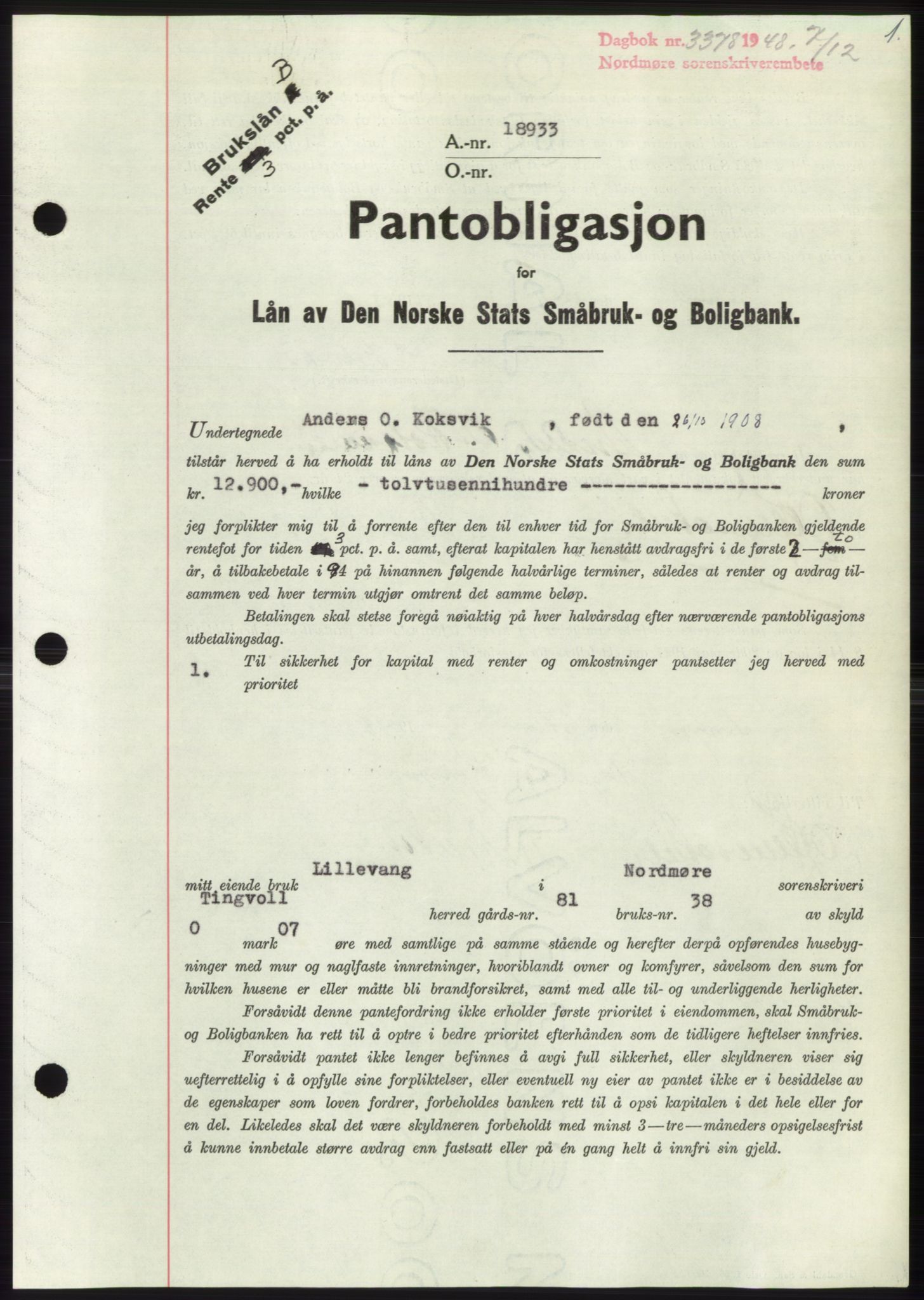 Nordmøre sorenskriveri, AV/SAT-A-4132/1/2/2Ca: Mortgage book no. B100, 1948-1949, Diary no: : 3378/1948