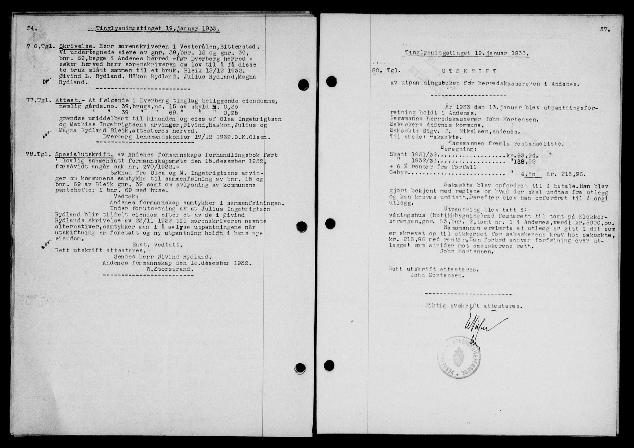 Vesterålen sorenskriveri, SAT/A-4180/1/2/2Ca/L0057: Mortgage book no. 50, 1933-1933, Deed date: 19.01.1933