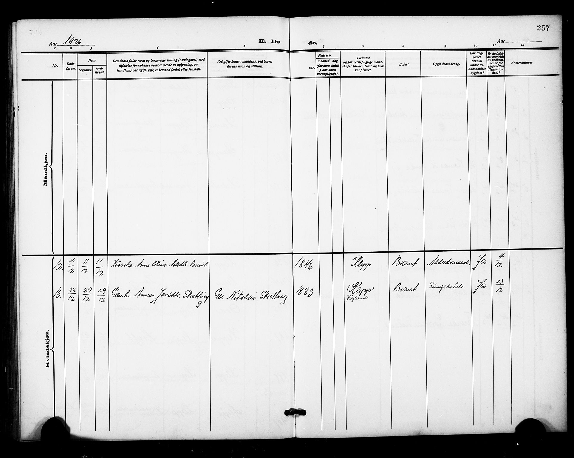 Klepp sokneprestkontor, AV/SAST-A-101803/001/3/30BB/L0007: Parish register (copy) no. B 7, 1908-1934, p. 257