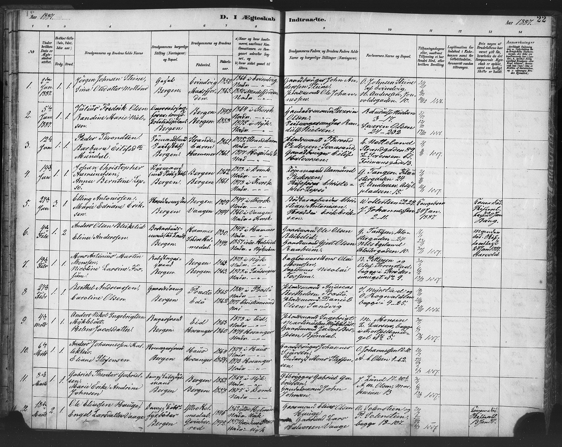 Nykirken Sokneprestembete, AV/SAB-A-77101/H/Haa/L0033: Parish register (official) no. D 3, 1884-1895, p. 22