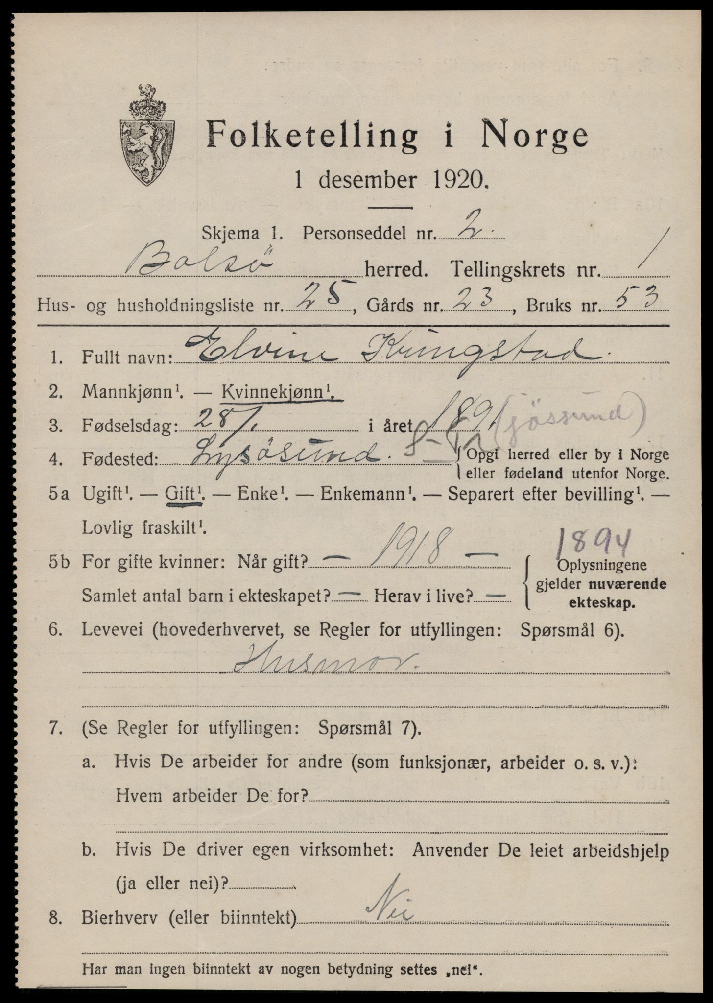 SAT, 1920 census for Bolsøy, 1920, p. 1887