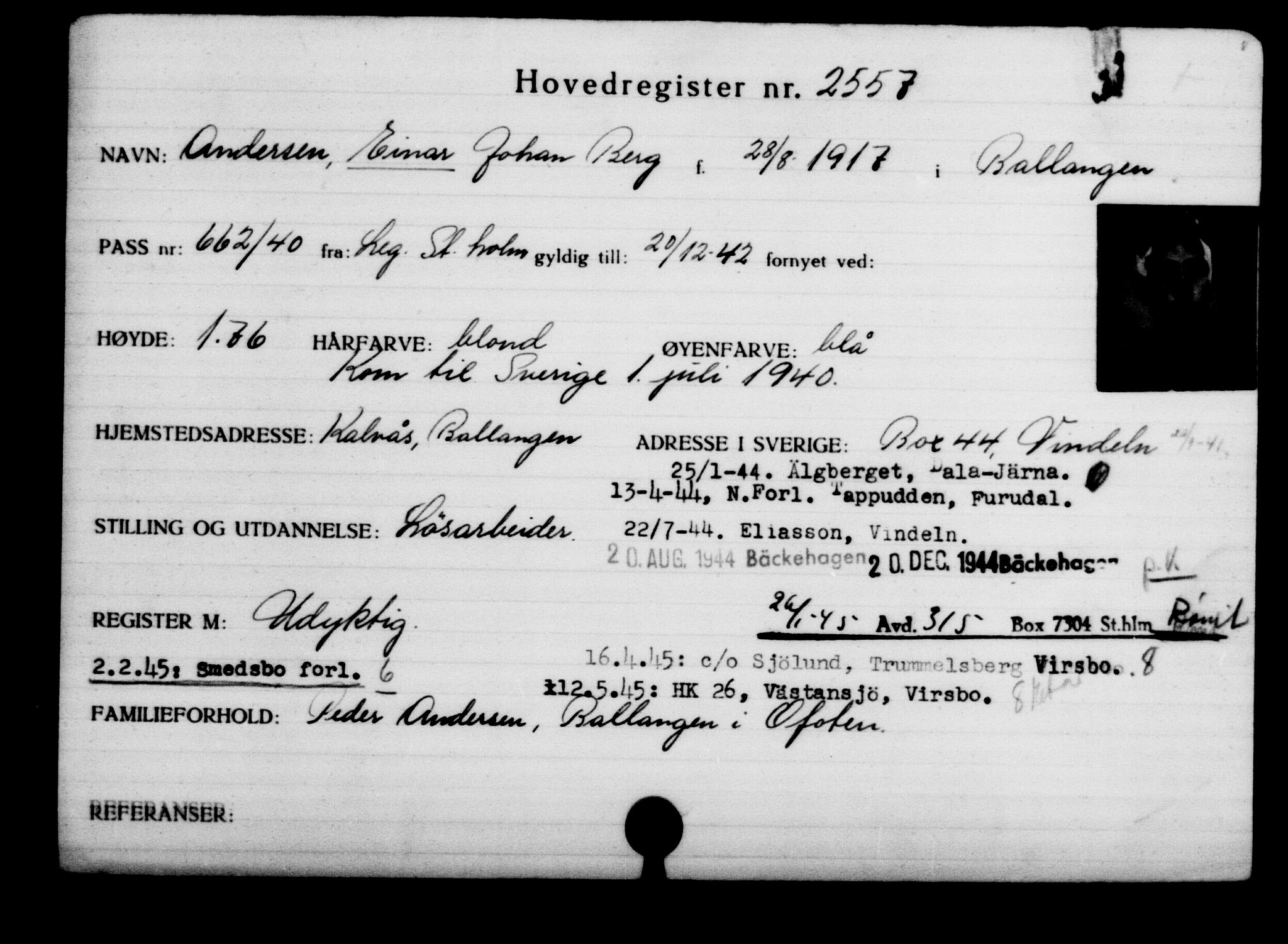 Utenriksstasjonene, Legasjonen i Stockholm, Flyktningkontoret, AV/RA-S-6753/V/Va/L0003: Kjesäterkartoteket, flyktninger med registreringsnr. 2001-3495, 1940-1945, p. 907
