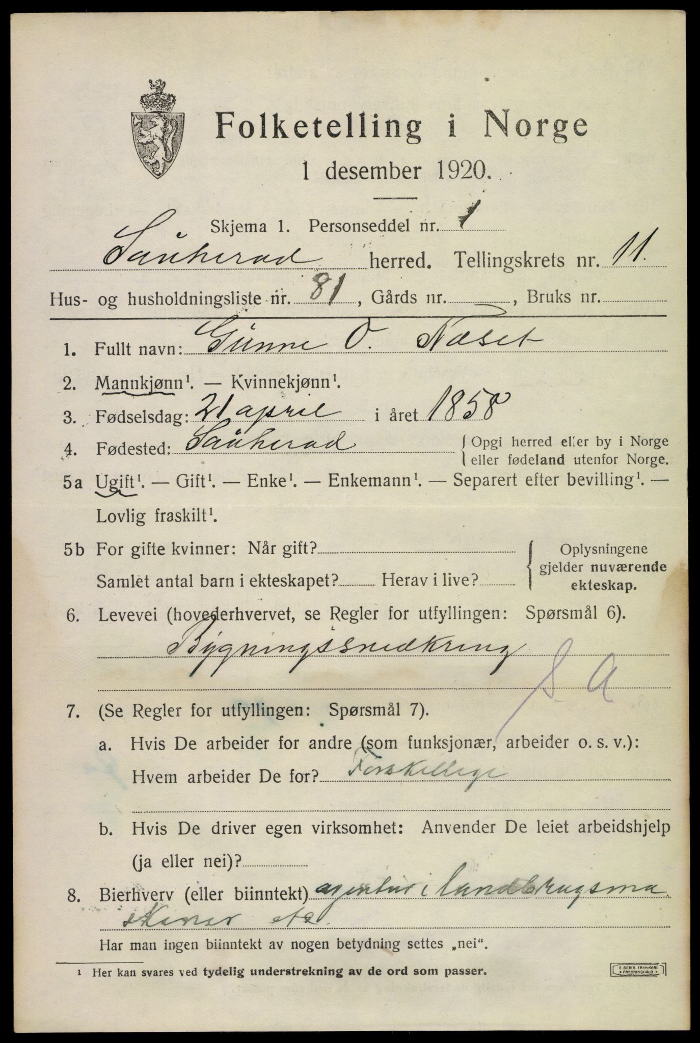 SAKO, 1920 census for Sauherad, 1920, p. 9038