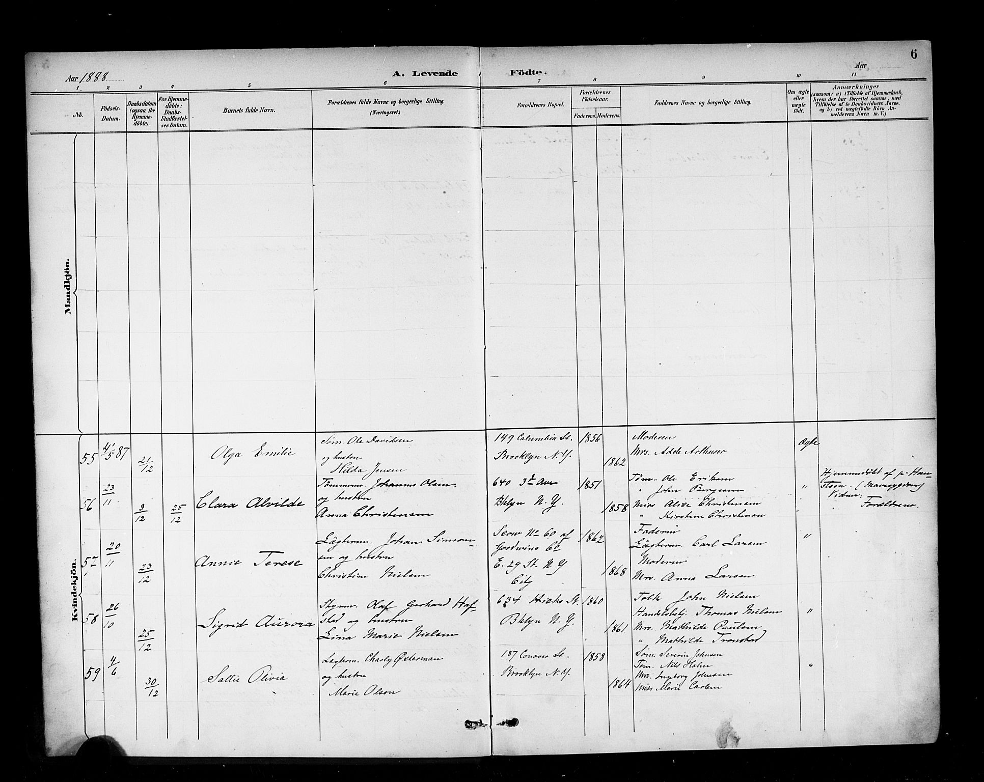 Den norske sjømannsmisjon i utlandet/New York, SAB/SAB/PA-0110/H/Ha/L0003: Parish register (official) no. A 3, 1888-1893, p. 6