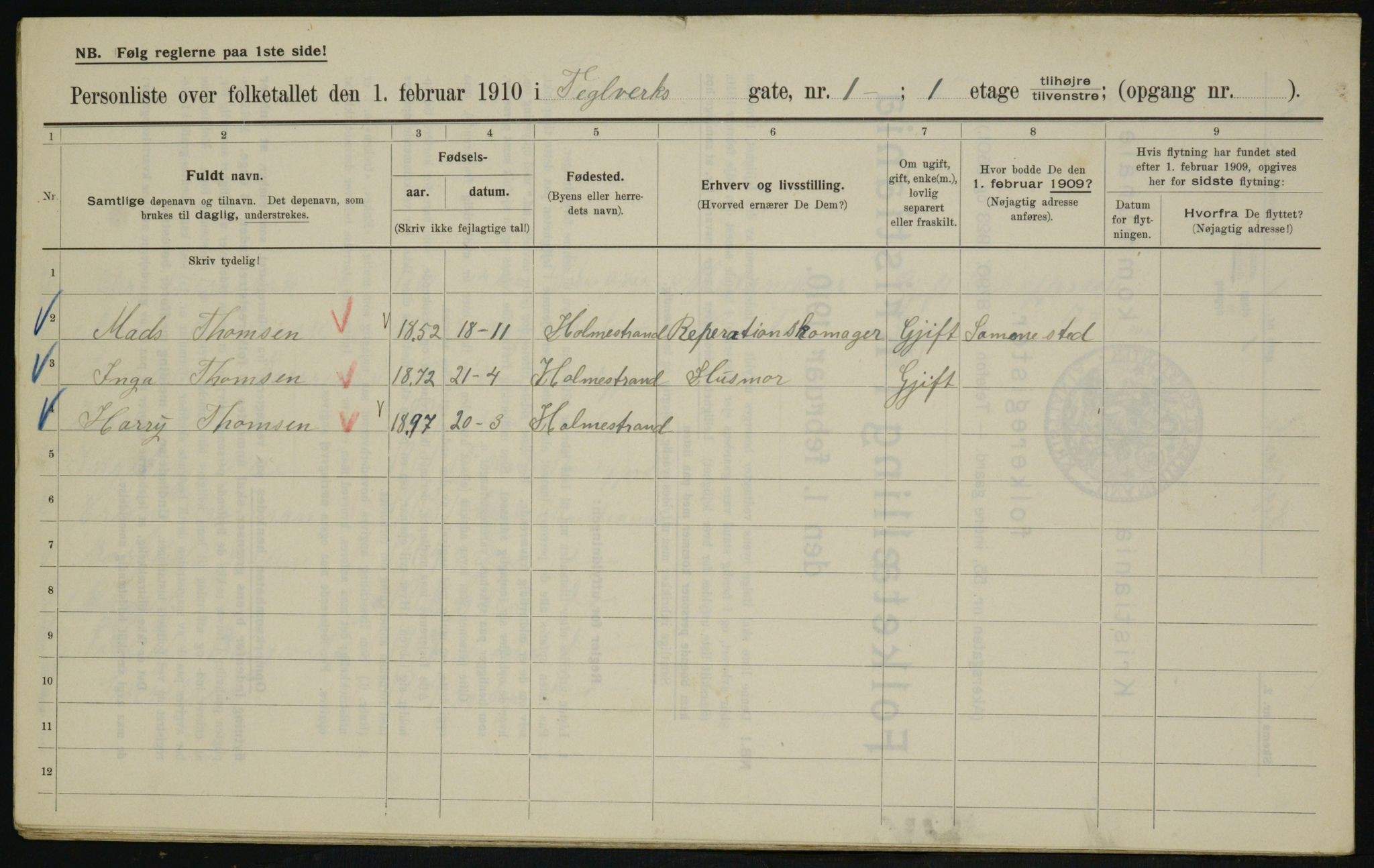 OBA, Municipal Census 1910 for Kristiania, 1910, p. 101920