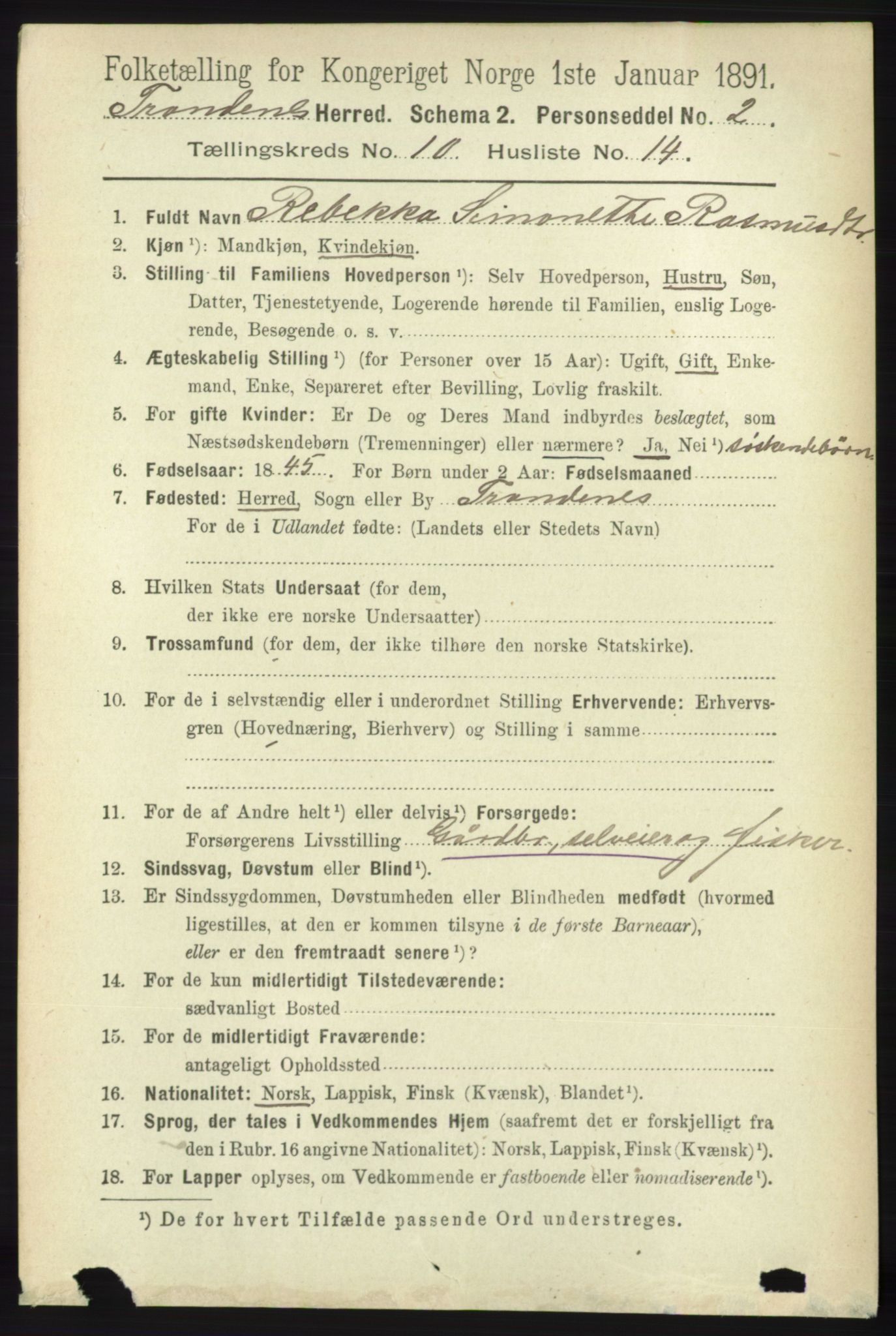 RA, 1891 census for 1914 Trondenes, 1891, p. 7593