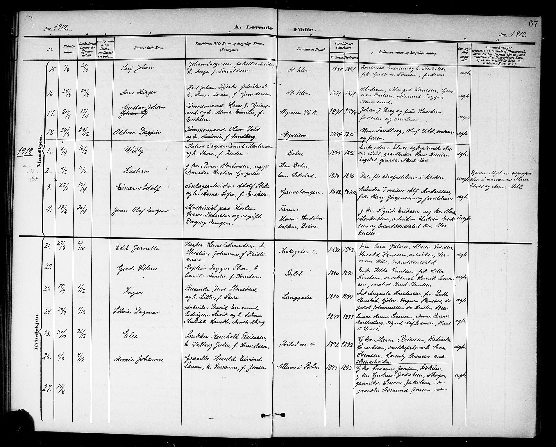 Holmestrand kirkebøker, AV/SAKO-A-346/G/Ga/L0006: Parish register (copy) no. 6, 1901-1923, p. 67