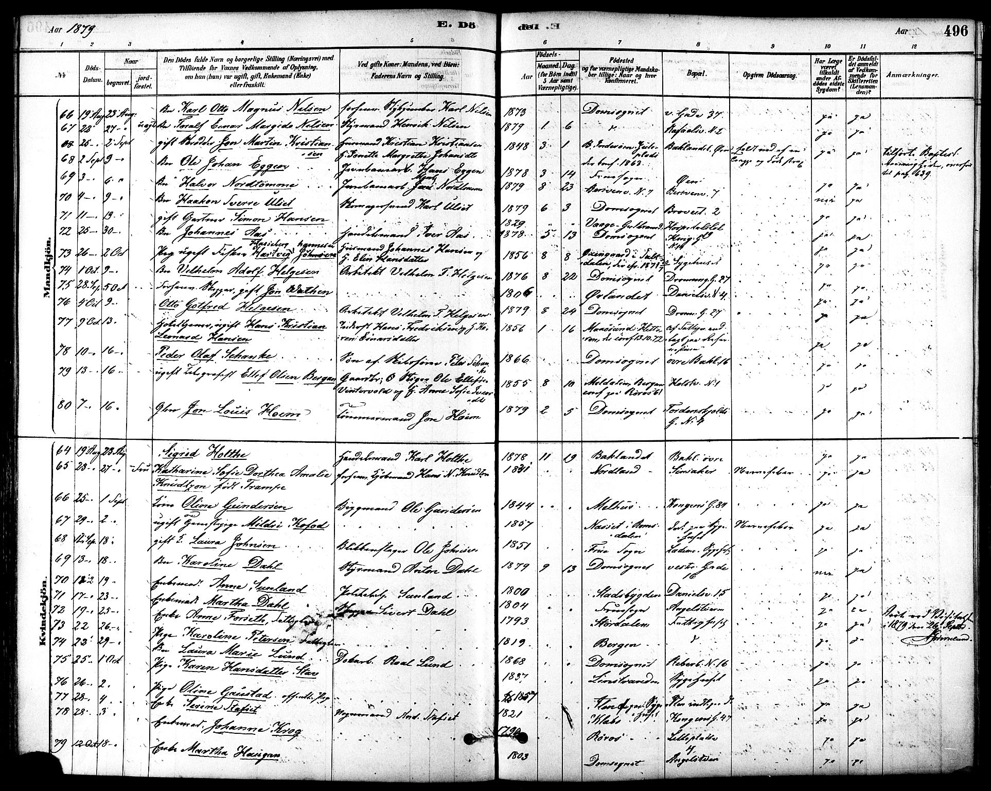 Ministerialprotokoller, klokkerbøker og fødselsregistre - Sør-Trøndelag, SAT/A-1456/601/L0058: Parish register (official) no. 601A26, 1877-1891, p. 496