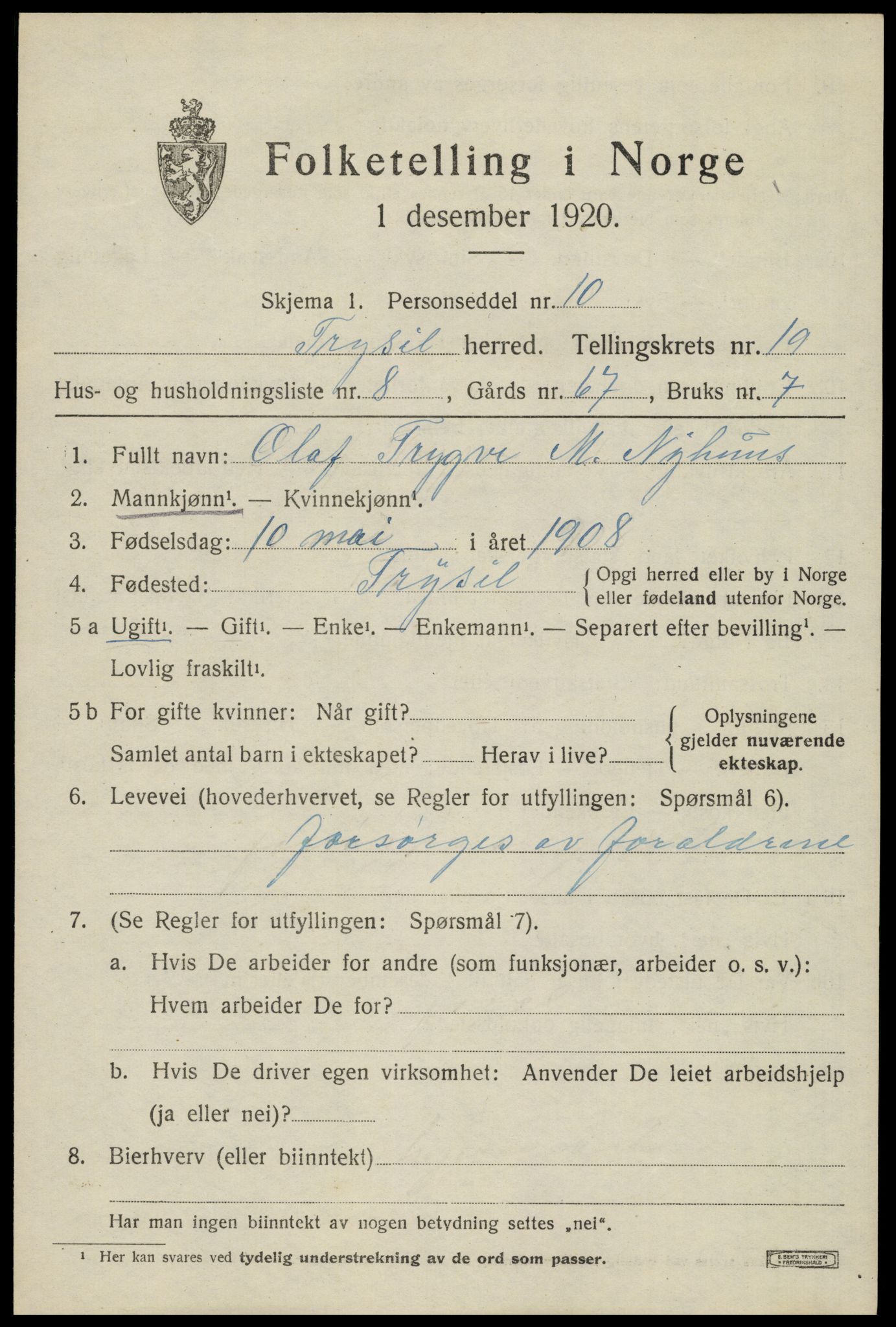 SAH, 1920 census for Trysil, 1920, p. 12833