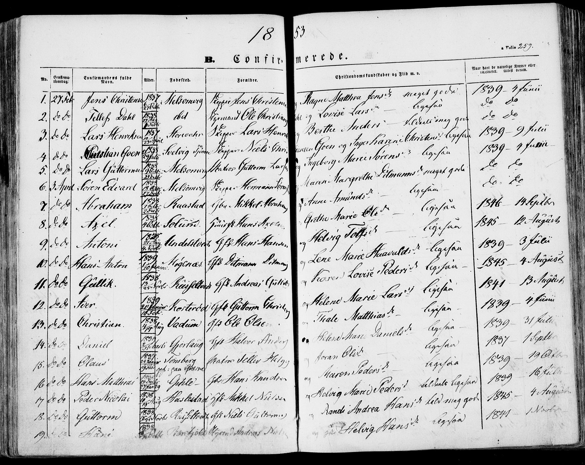 Stokke kirkebøker, SAKO/A-320/F/Fa/L0007: Parish register (official) no. I 7, 1844-1857, p. 259