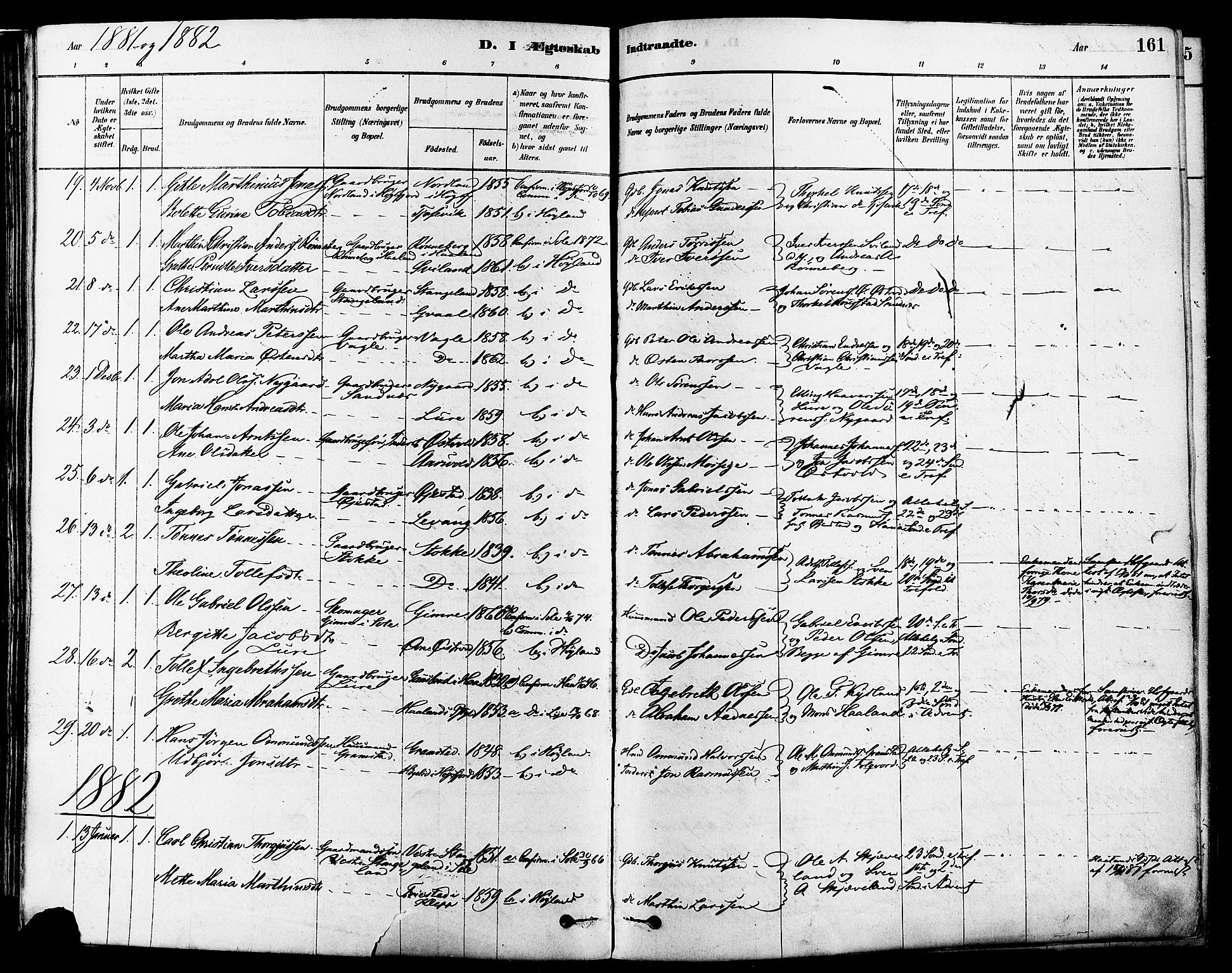 Høyland sokneprestkontor, SAST/A-101799/001/30BA/L0011: Parish register (official) no. A 10, 1878-1888, p. 161