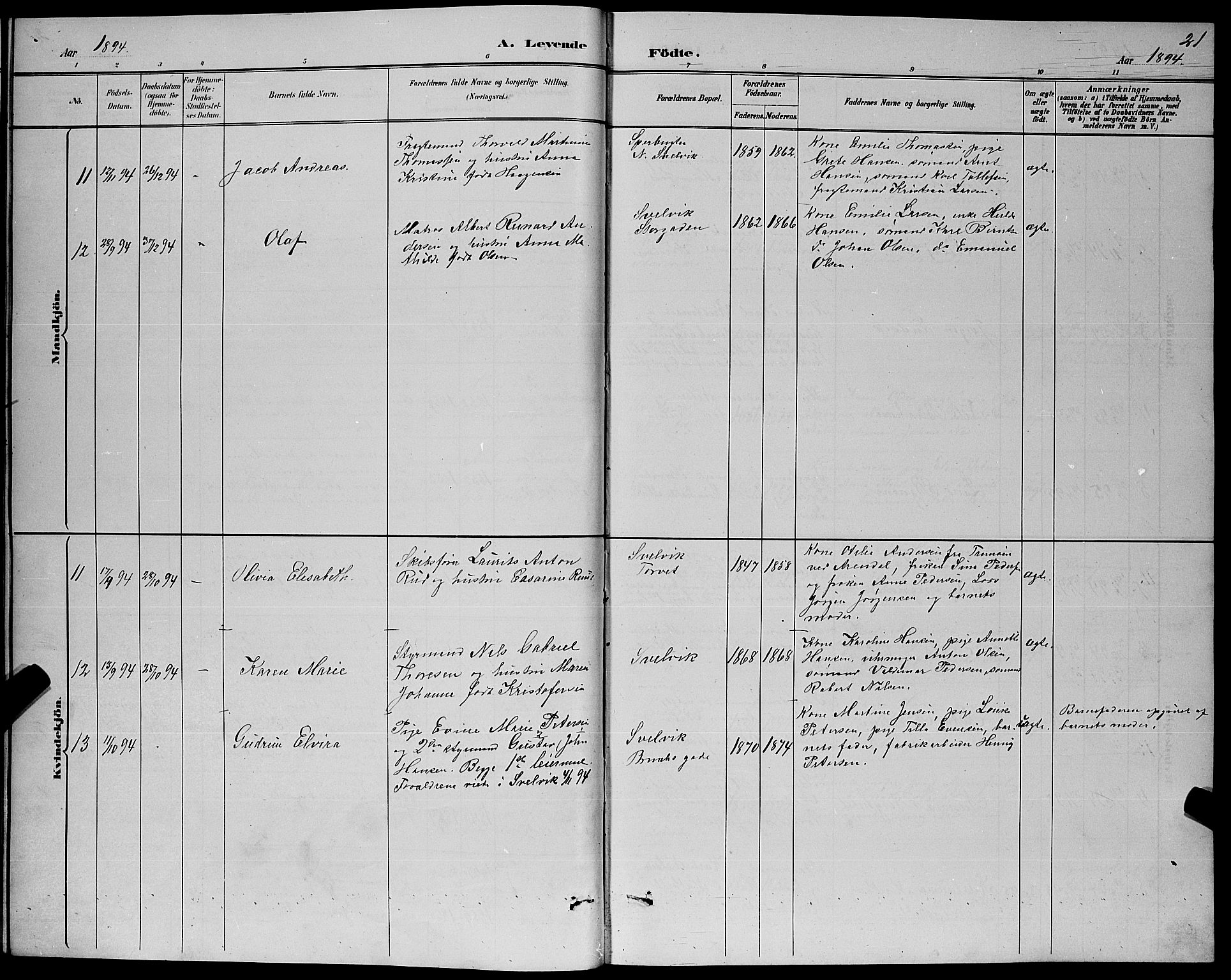 Strømm kirkebøker, AV/SAKO-A-322/G/Gb/L0001: Parish register (copy) no. II 1, 1889-1896, p. 21