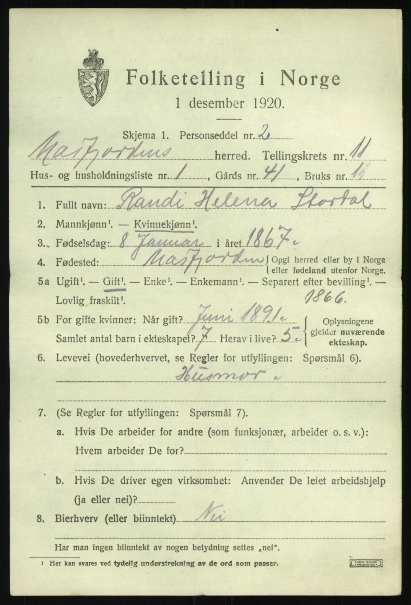 SAB, 1920 census for Masfjorden, 1920, p. 4123