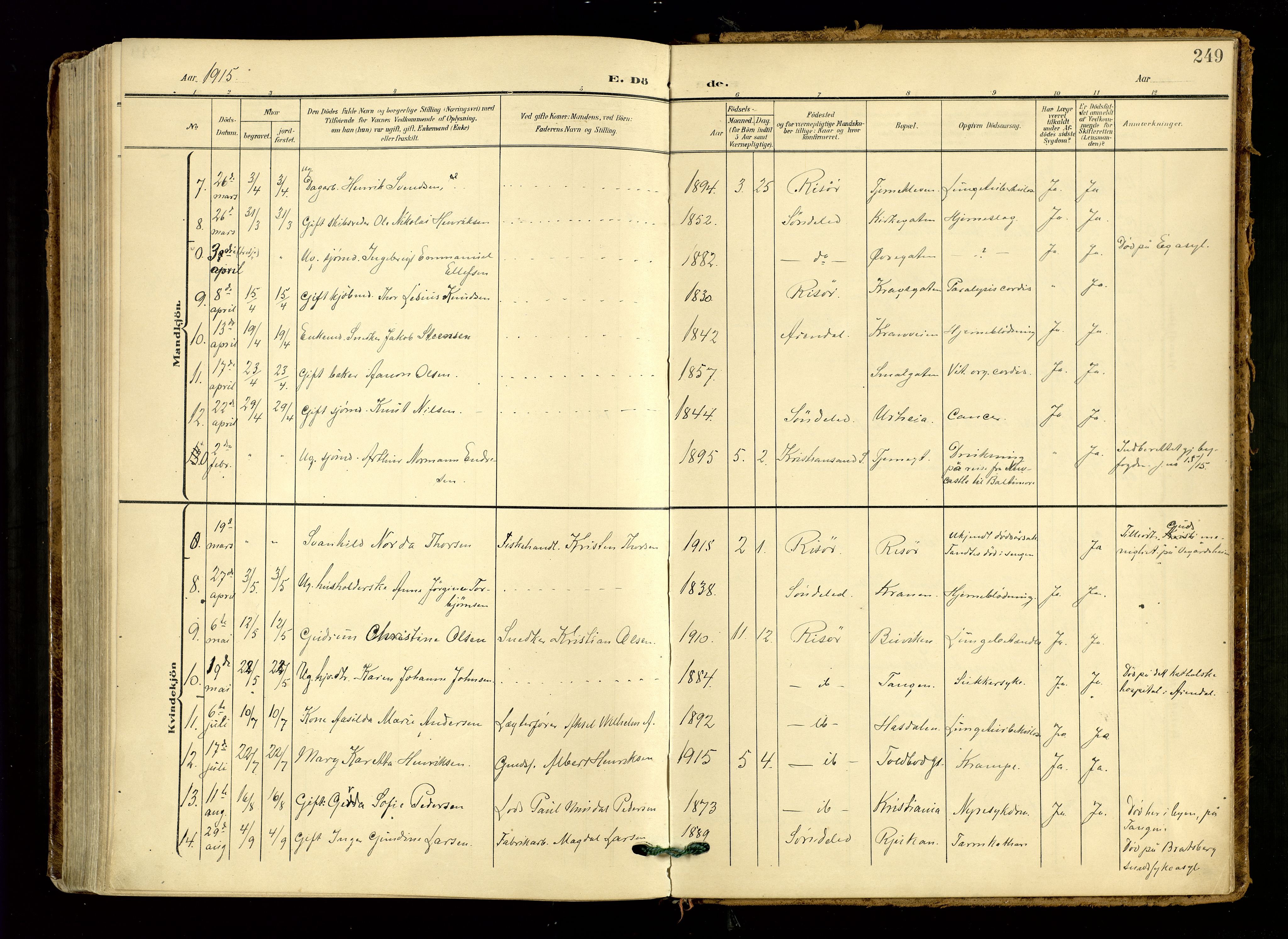 Risør sokneprestkontor, AV/SAK-1111-0035/F/Fa/L0011: Parish register (official) no. A 11, 1907-1920, p. 249