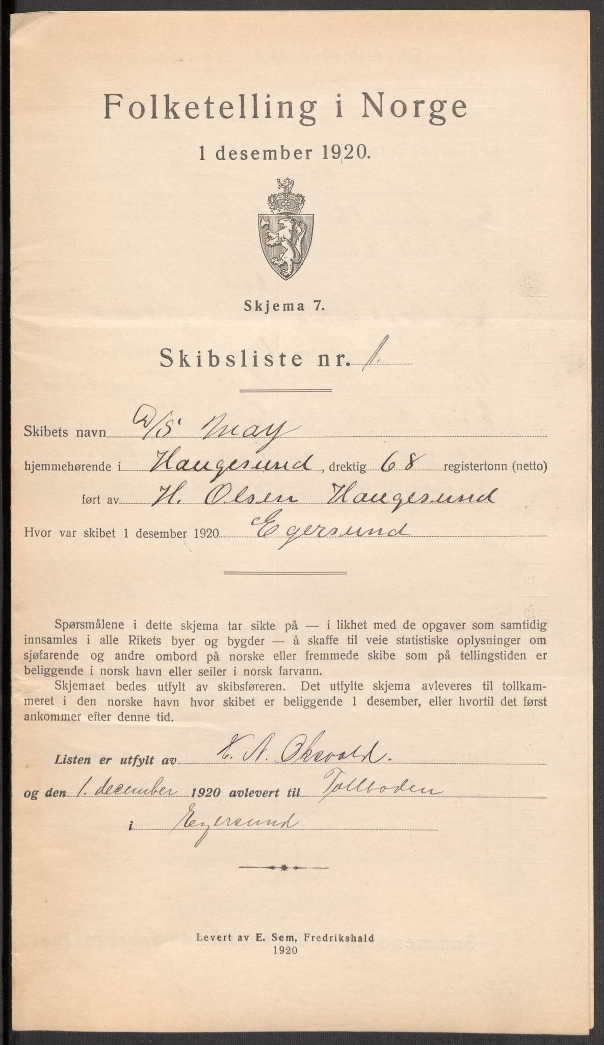 SAST, 1920 census for Egersund town, 1920, p. 9705