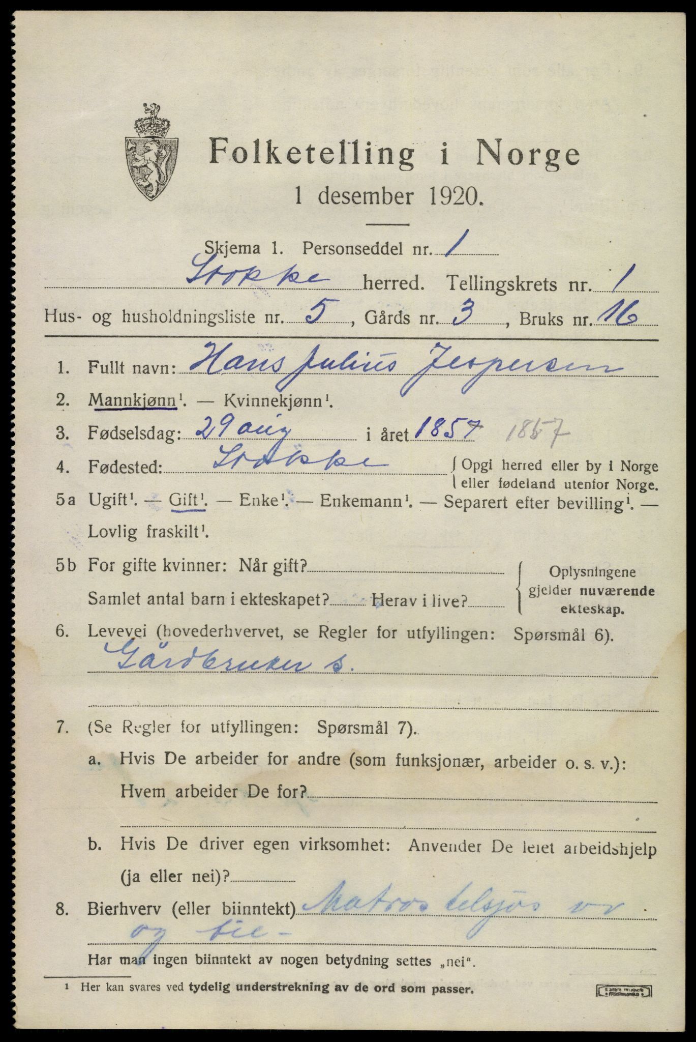 SAKO, 1920 census for Stokke, 1920, p. 2074