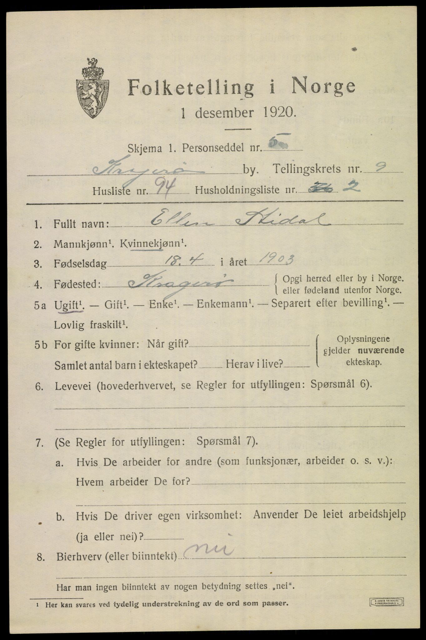 SAKO, 1920 census for Kragerø, 1920, p. 12979