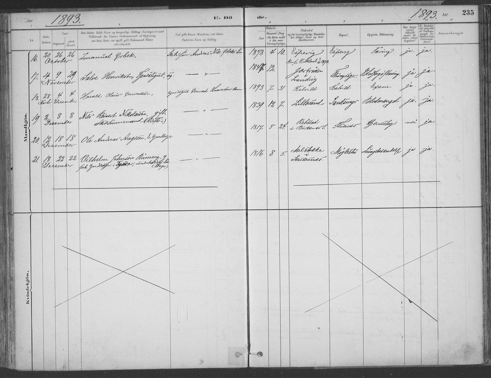 Vestre Moland sokneprestkontor, AV/SAK-1111-0046/F/Fa/Fab/L0009: Parish register (official) no. A 9, 1884-1899, p. 235