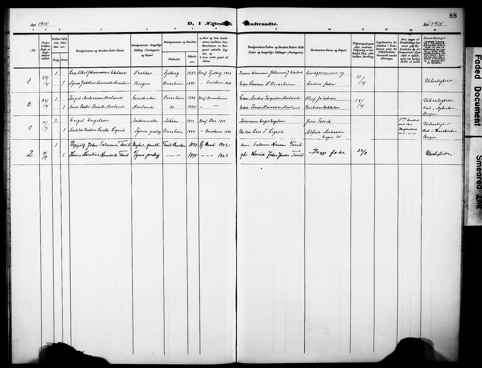Tysnes sokneprestembete, AV/SAB-A-78601/H/Hab: Parish register (copy) no. C 3, 1908-1924, p. 88