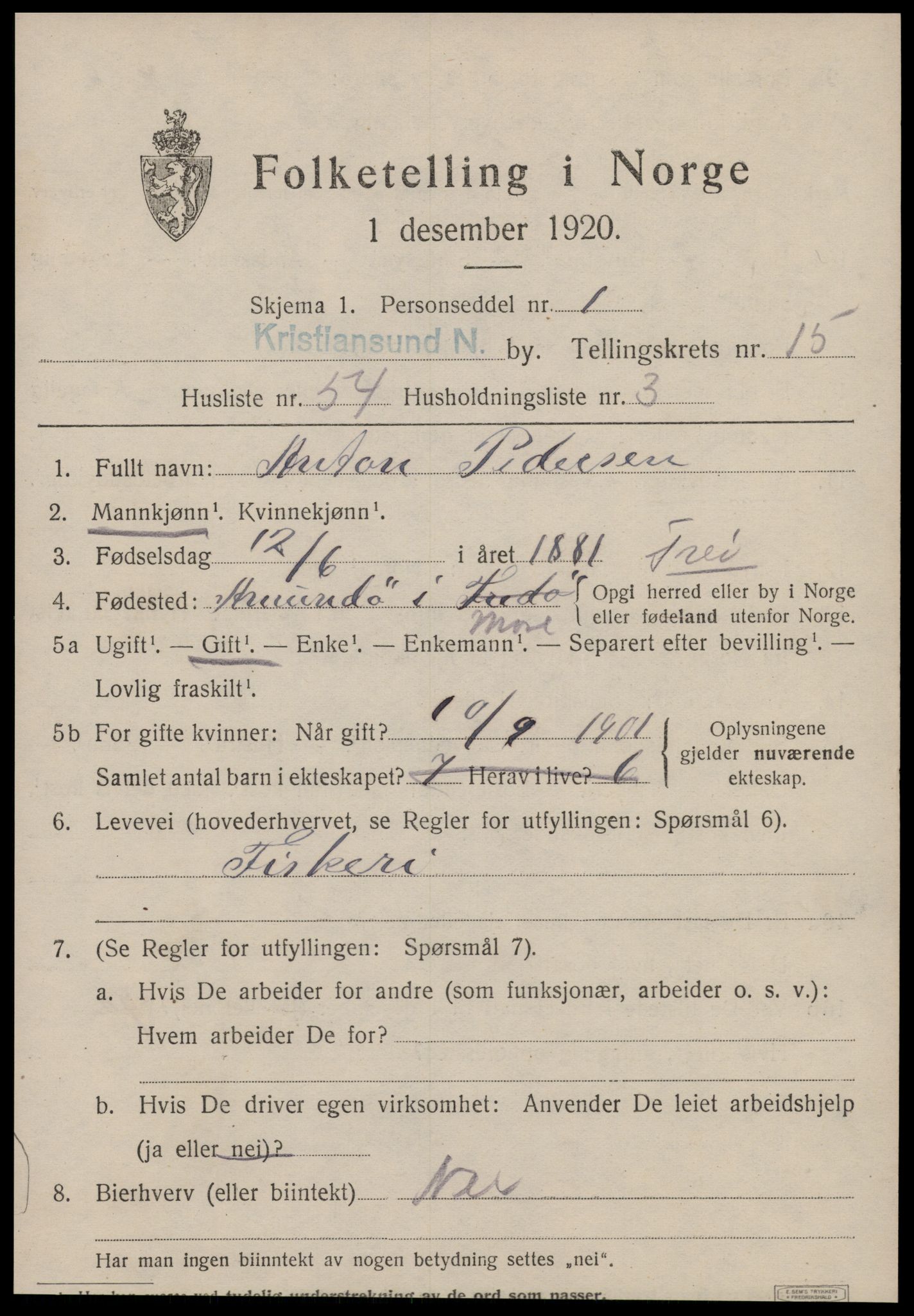 SAT, 1920 census for Kristiansund, 1920, p. 31995