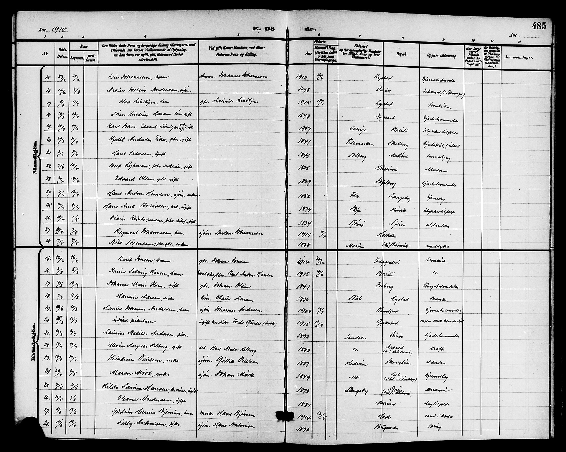 Sandar kirkebøker, AV/SAKO-A-243/G/Ga/L0002: Parish register (copy) no. 2, 1900-1915, p. 485