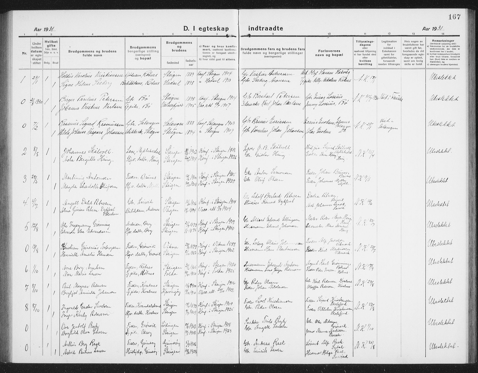 Ministerialprotokoller, klokkerbøker og fødselsregistre - Nordland, SAT/A-1459/855/L0817: Parish register (copy) no. 855C06, 1917-1934, p. 167