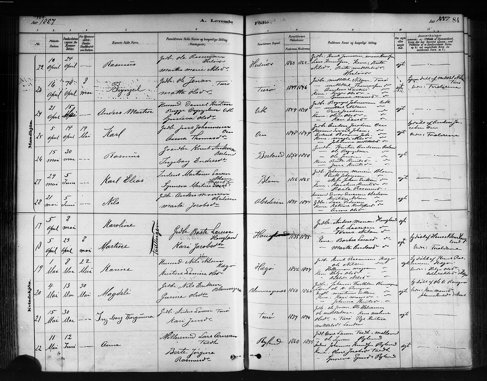 Herdla Sokneprestembete, AV/SAB-A-75701/H/Haa: Parish register (official) no. A 3, 1878-1890, p. 84
