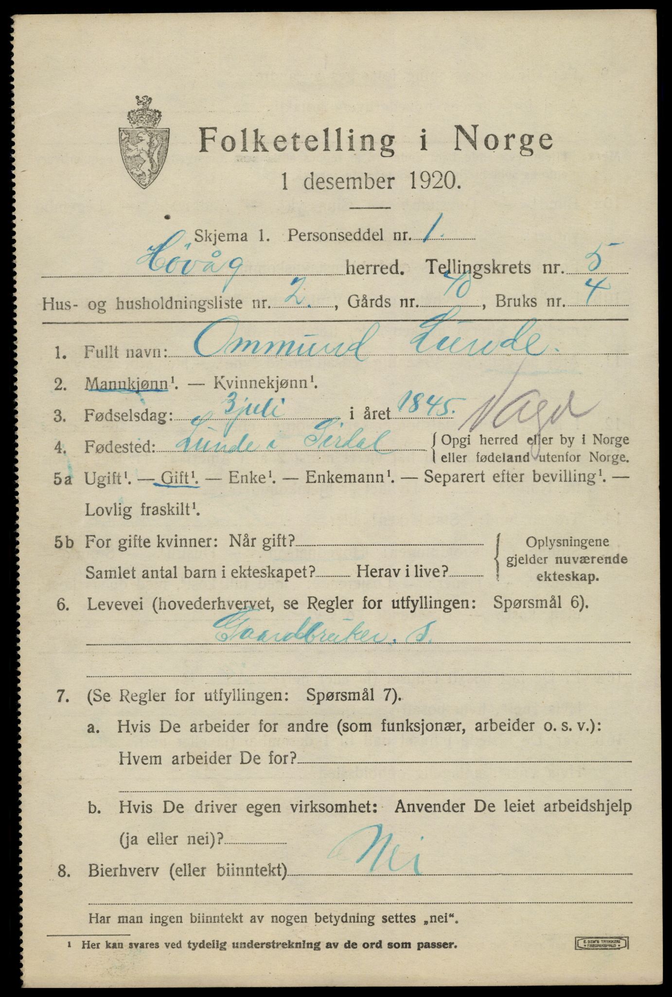 SAK, 1920 census for Høvåg, 1920, p. 2590