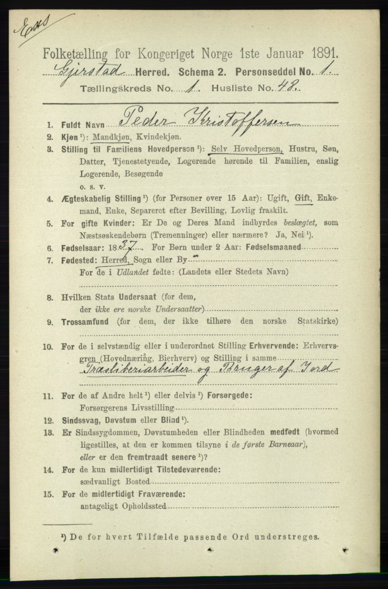 RA, Census 1891 for Nedenes amt: Gjenparter av personsedler for beslektede ektefeller, menn, 1891, p. 37